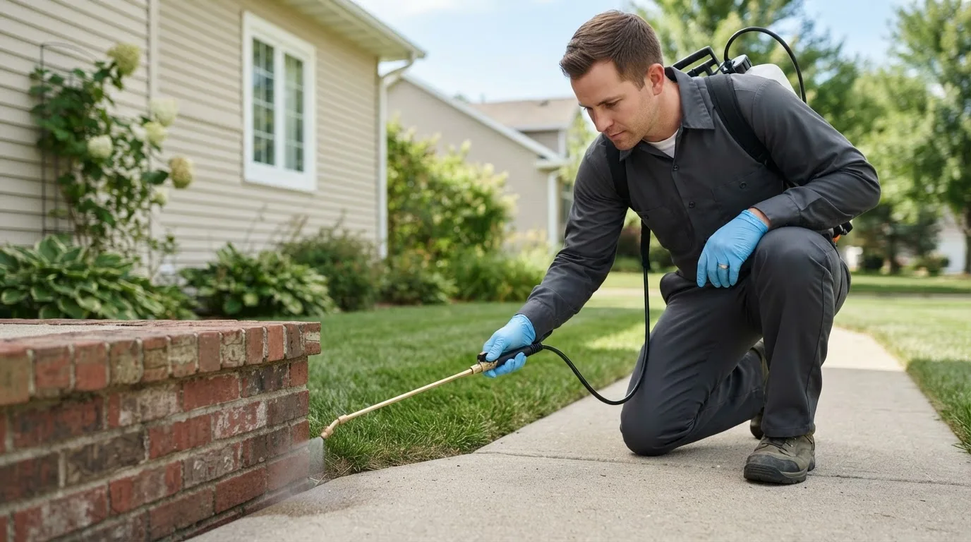 Pest control technician treating a home near Mclemoresville, TN
